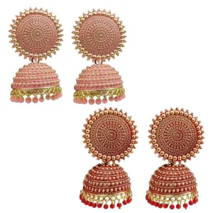 Combo of 2 Red and Peach Pearls Dome Shape Jhumki