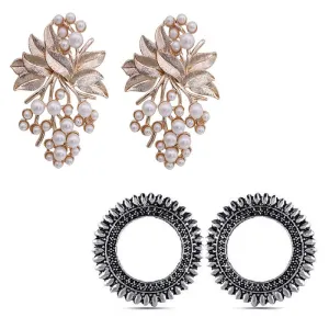 Combo of 2 Round Shaped and Flower Pearl Stud Earrings