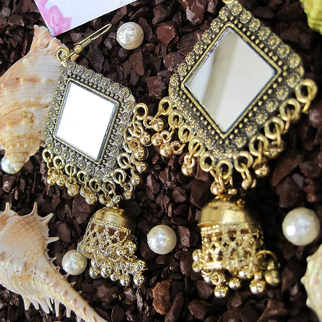 Combo of 2 Square Mirror and Flower Pearl Stud Earrings