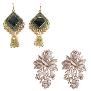 Combo of 2 Square Mirror and Flower Pearl Stud Earrings