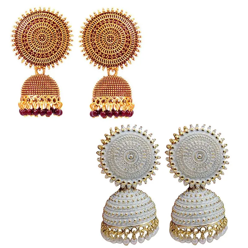 Combo of 2 White and Maroon Pearls Dome Shape Jhumki