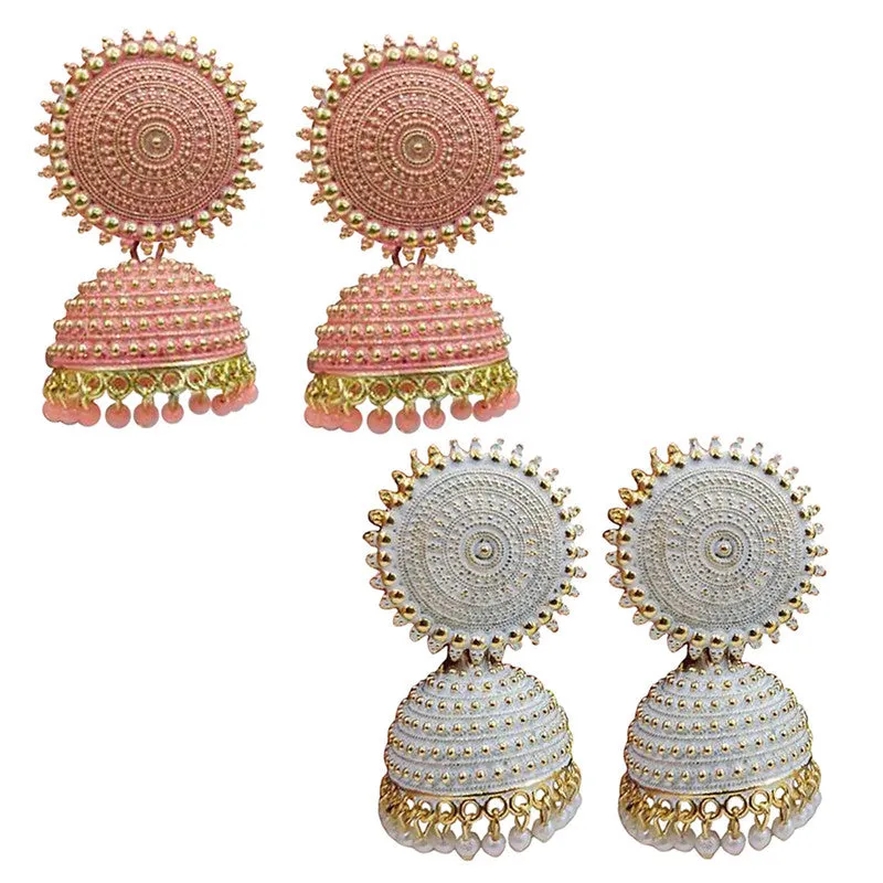 Combo of 2 White and Peach Pearls Dome Shape Jhumki