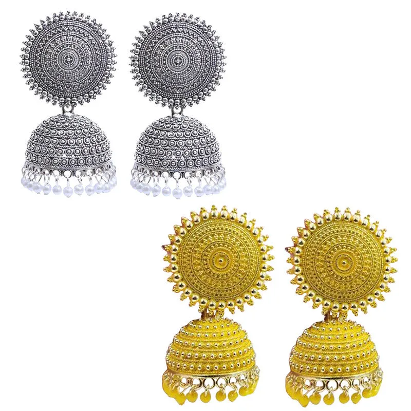 Combo of 2 Yellow and Silver Pearls Dome Shape Jhumki