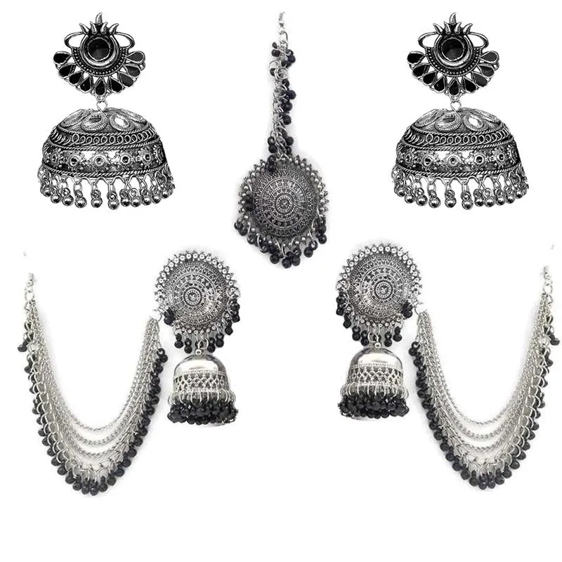 Combo of Mirror Jhumki and Bahubali Earrings With Maang Tikka