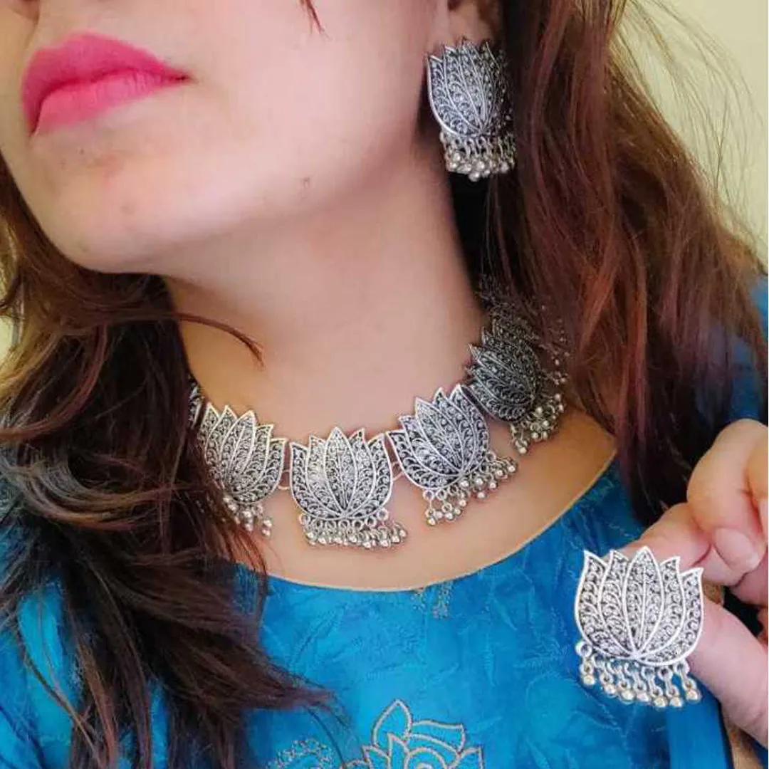 Combo of Silver Lotus Jewelry Set and Jhumki