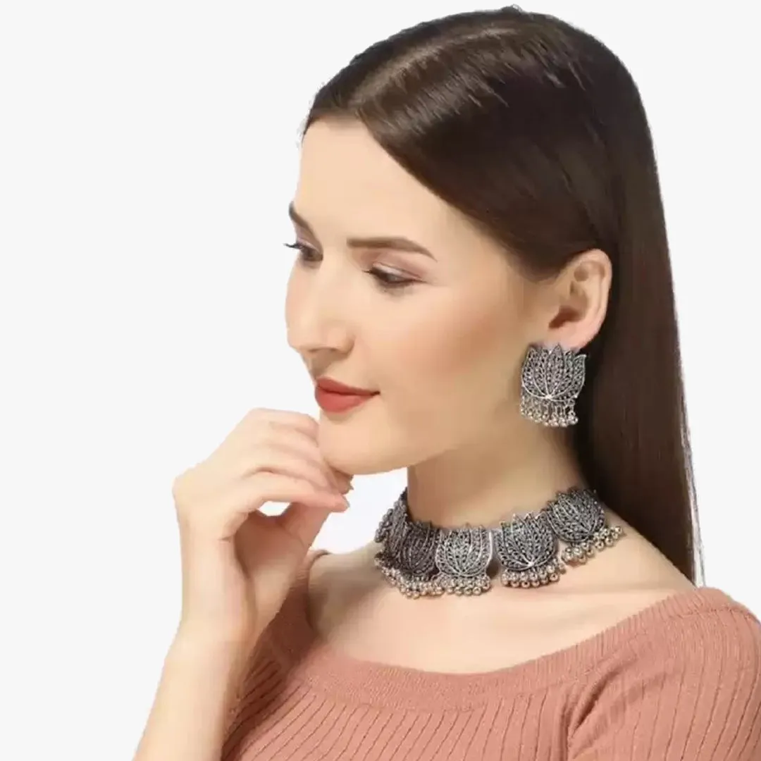 Combo of Silver Lotus Jewelry Set and Jhumki