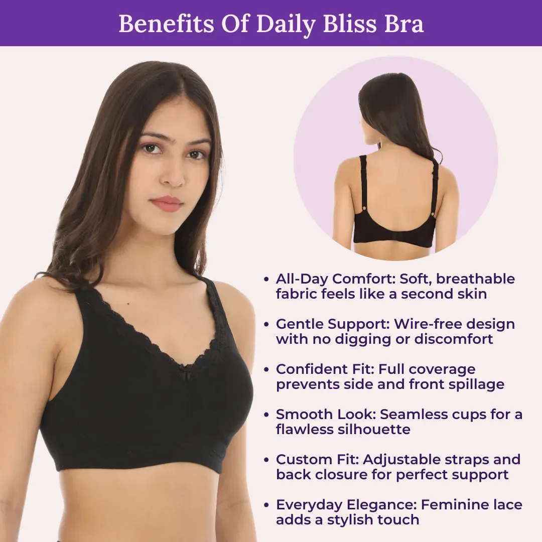 Cotton Bra | Lace Detailing | Full Coverage | Wire-Free & Non-Padded | Seamless Cups | No Centre Panel | Hidden Side Panels | 2 Pack