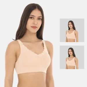 Cotton Bra | Lace Detailing | Full Coverage | Wire-Free & Non-Padded | Seamless Cups | No Centre Panel | Hidden Side Panels | 2 Pack