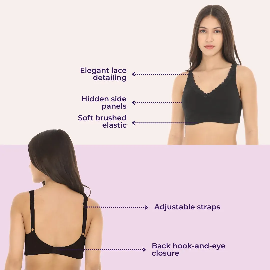 Cotton Bra | Lace Detailing | Full Coverage | Wire-Free & Non-Padded | Seamless Cups | No Centre Panel | Hidden Side Panels | 2 Pack