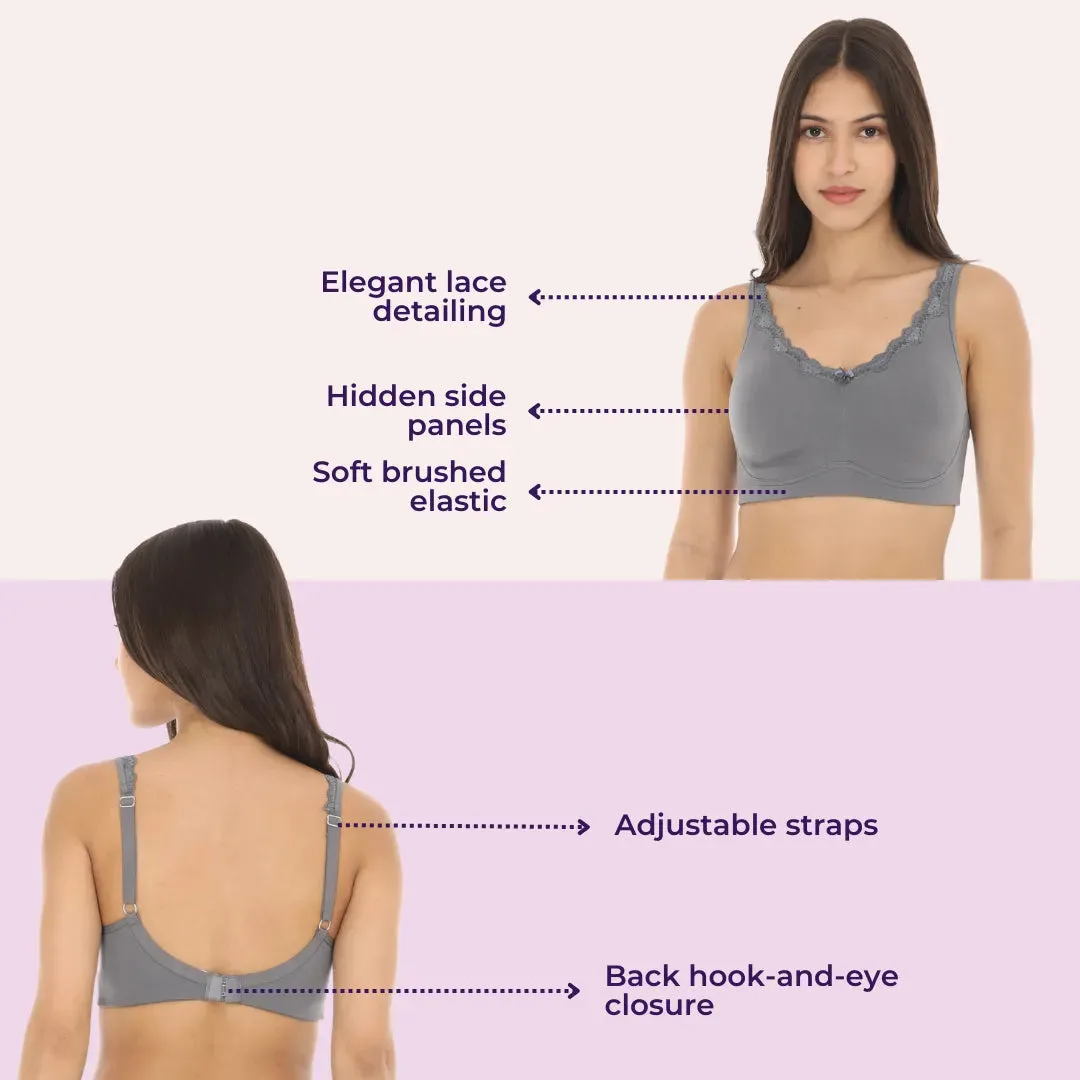 Cotton Bra | Lace Detailing | Full Coverage | Wire-Free & Non-Padded | Seamless Cups | No Centre Panel | Hidden Side Panels | 2 Pack