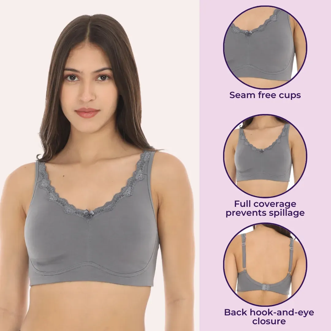 Cotton Bra | Lace Detailing | Full Coverage | Wire-Free & Non-Padded | Seamless Cups | No Centre Panel | Hidden Side Panels | 2 Pack