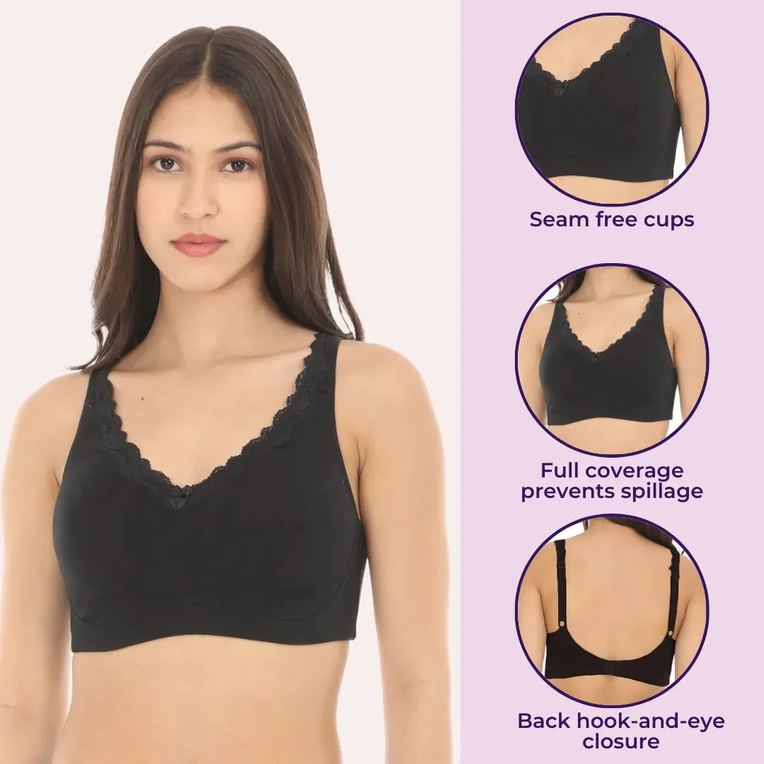 Cotton Bra | Lace Detailing | Full Coverage | Wire-Free & Non-Padded | Seamless Cups | No Centre Panel | Hidden Side Panels | 2 Pack