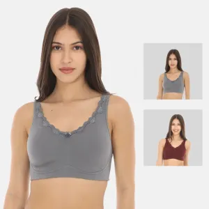 Cotton Bra | Lace Detailing | Full Coverage | Wire-Free & Non-Padded | Seamless Cups | No Centre Panel | Hidden Side Panels | 2 Pack