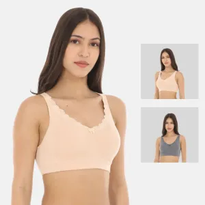 Cotton Bra | Lace Detailing | Full Coverage | Wire-Free & Non-Padded | Seamless Cups | No Centre Panel | Hidden Side Panels | 2 Pack