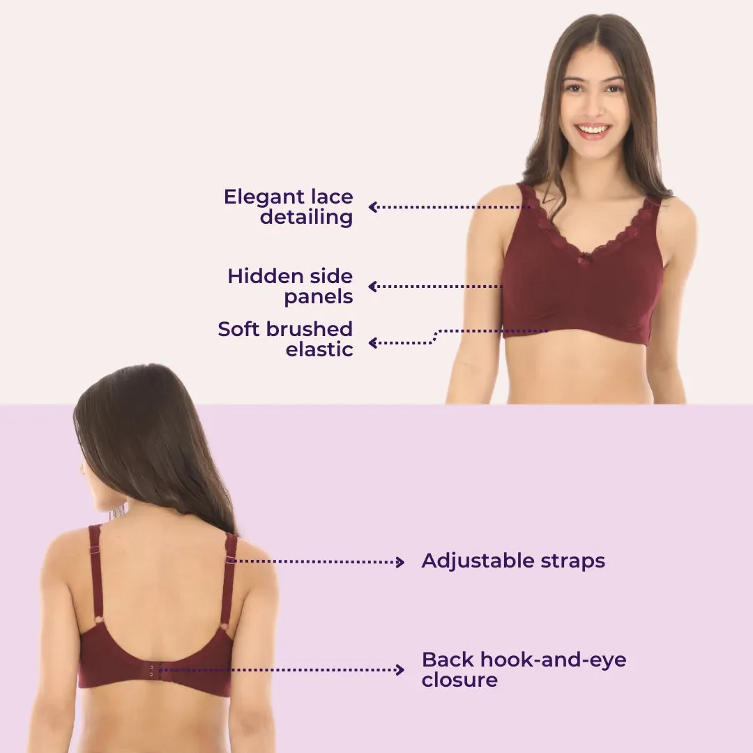 Cotton Bra | Lace Detailing | Full Coverage | Wire-Free & Non-Padded | Seamless Cups | No Centre Panel | Hidden Side Panels | 3 Pack