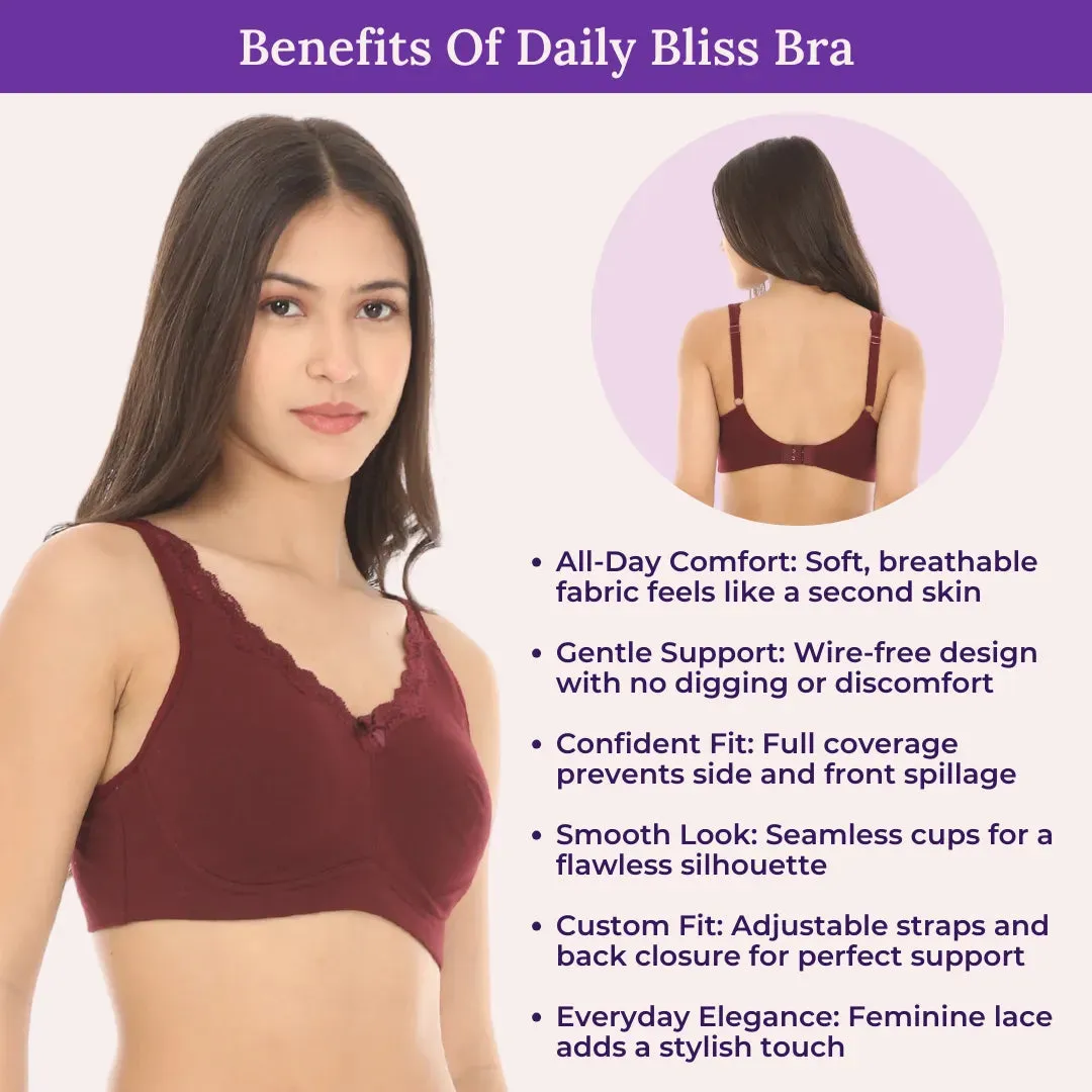 Cotton Bra | Lace Detailing | Full Coverage | Wire-Free & Non-Padded | Seamless Cups | No Centre Panel | Hidden Side Panels | 3 Pack