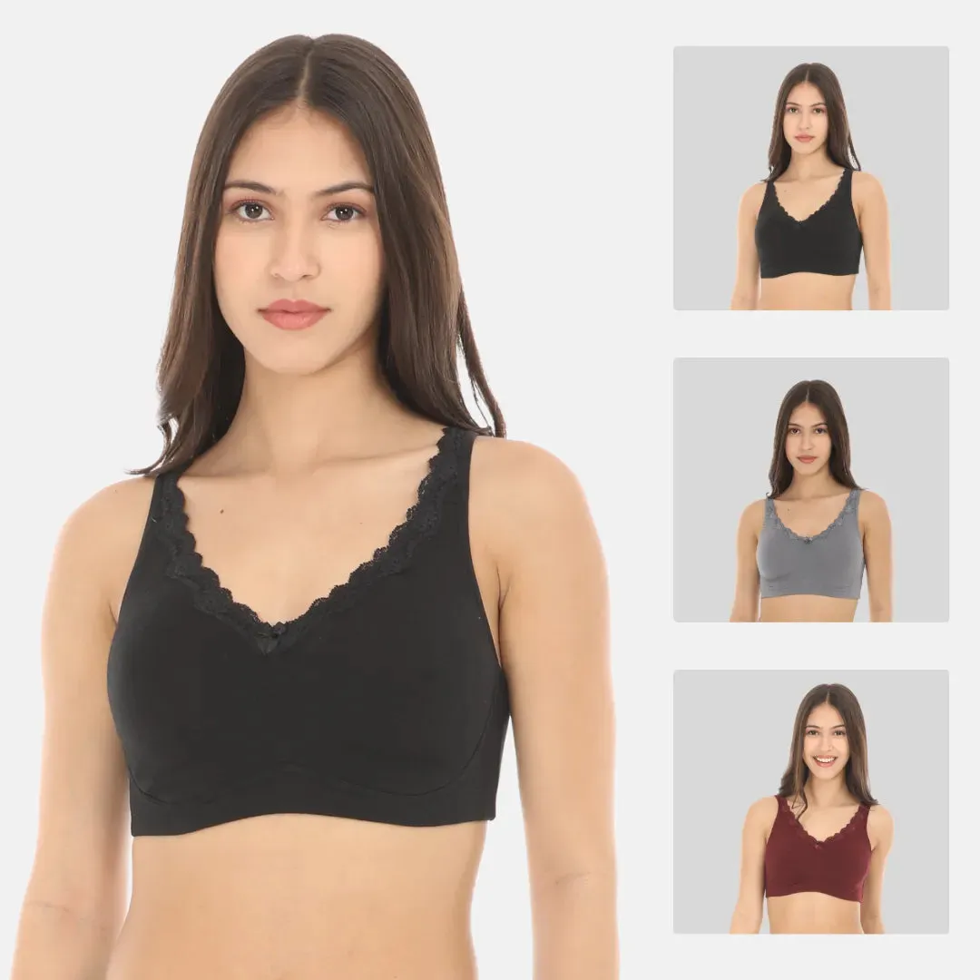 Cotton Bra | Lace Detailing | Full Coverage | Wire-Free & Non-Padded | Seamless Cups | No Centre Panel | Hidden Side Panels | 3 Pack