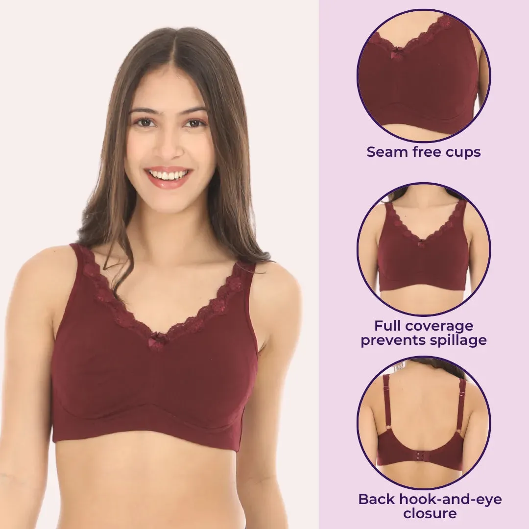 Cotton Bra | Lace Detailing | Full Coverage | Wire-Free & Non-Padded | Seamless Cups | No Centre Panel | Hidden Side Panels | 3 Pack