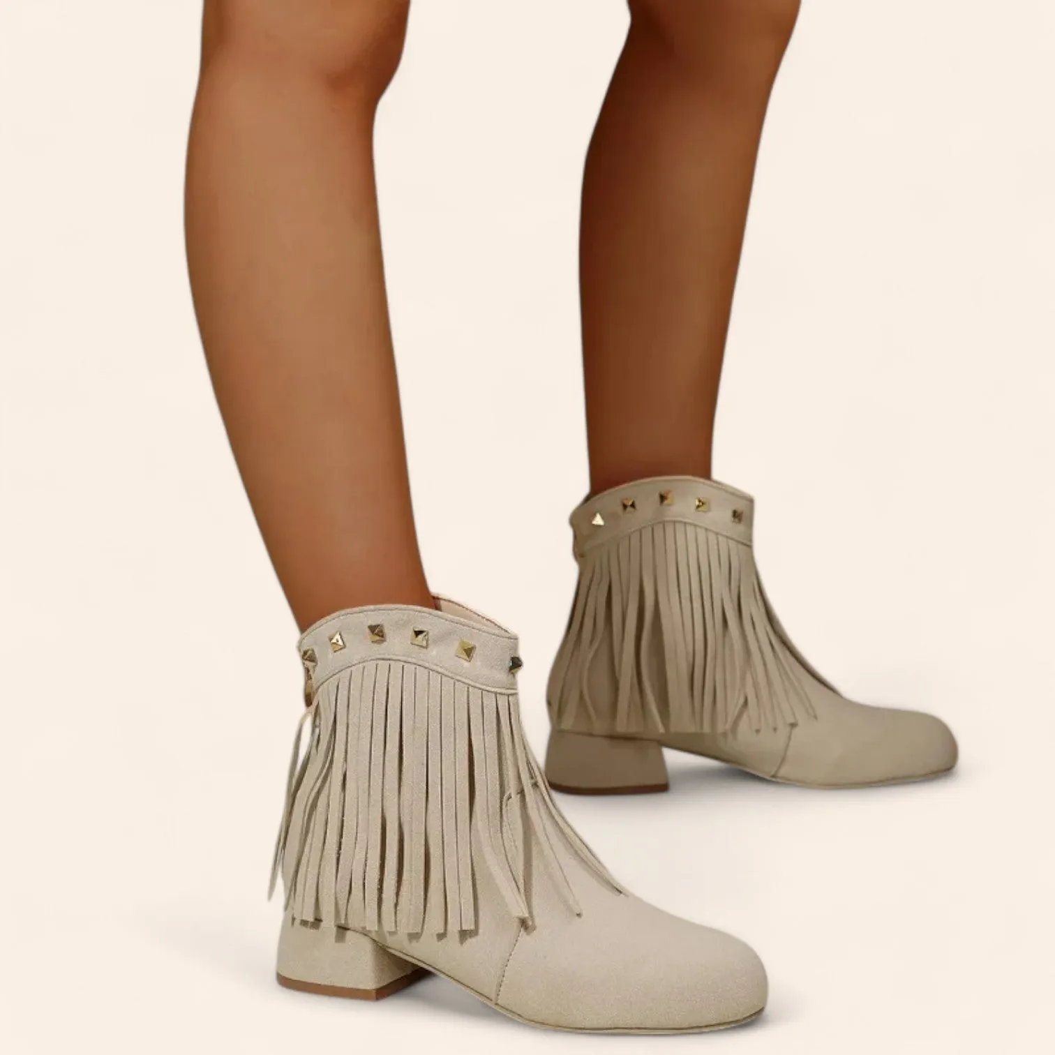 Cream beige cowboy boots in suede with fringes and rhinestones - N°140