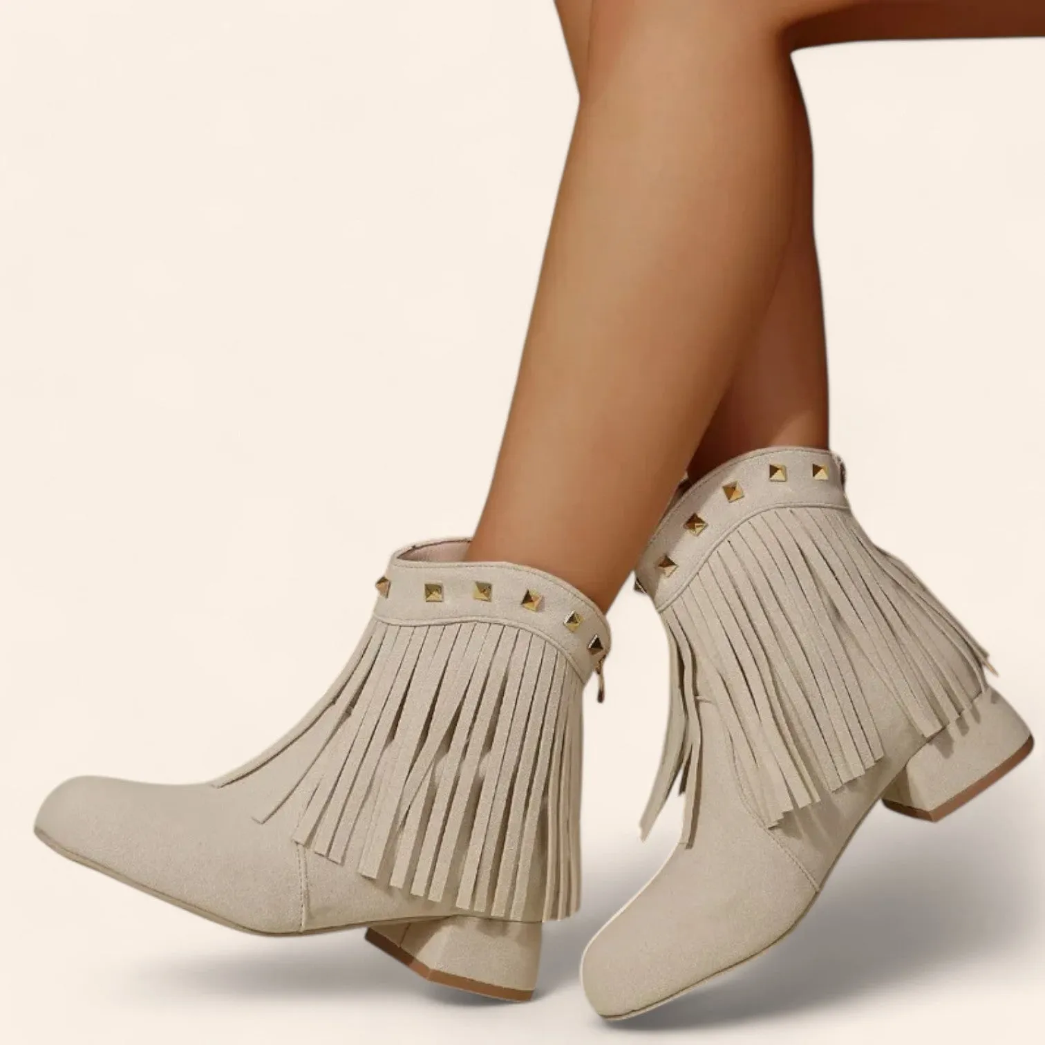 Cream beige cowboy boots in suede with fringes and rhinestones - N°140