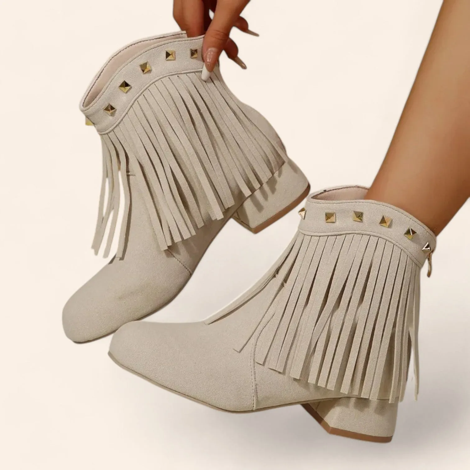 Cream beige cowboy boots in suede with fringes and rhinestones - N°140