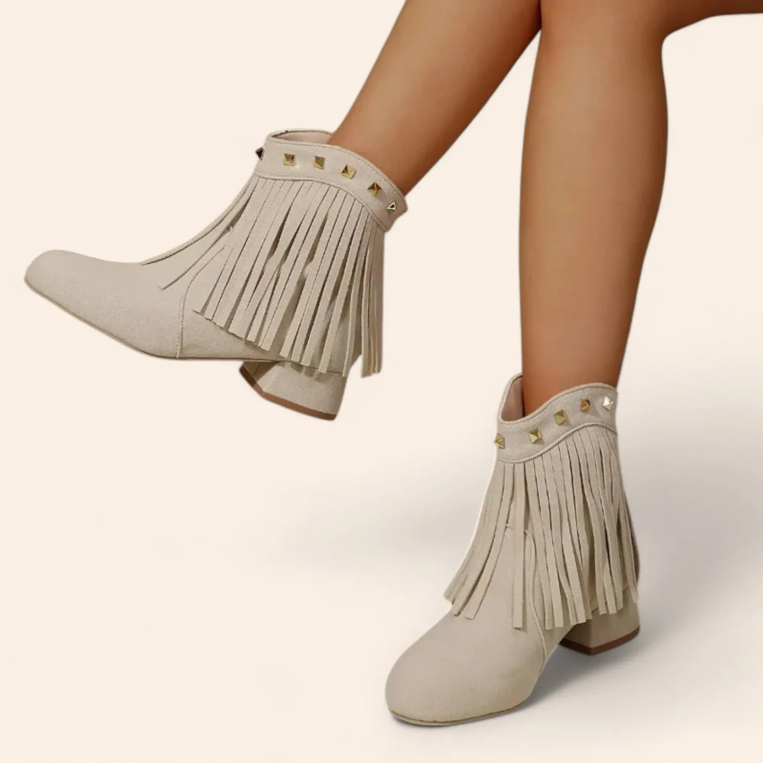 Cream beige cowboy boots in suede with fringes and rhinestones - N°140