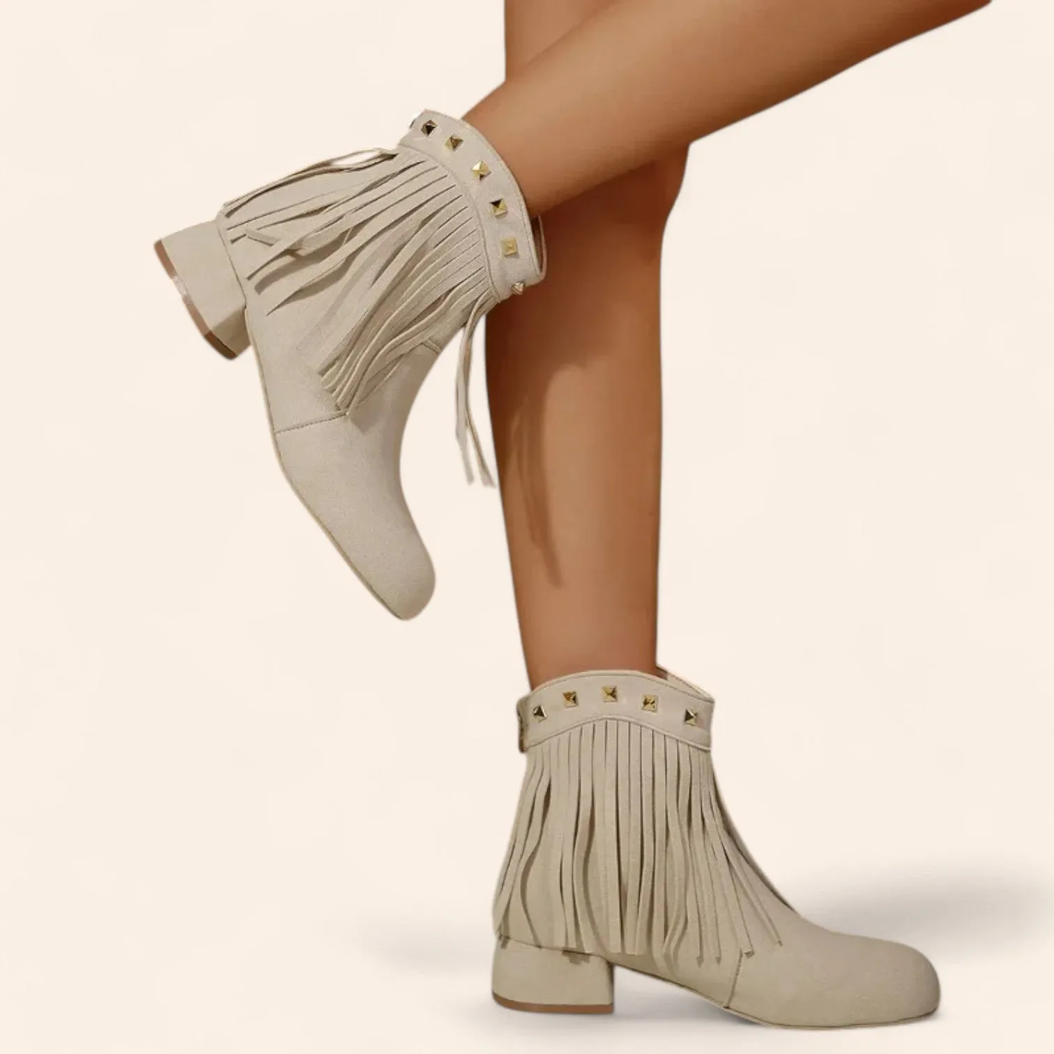 Cream beige cowboy boots in suede with fringes and rhinestones - N°140