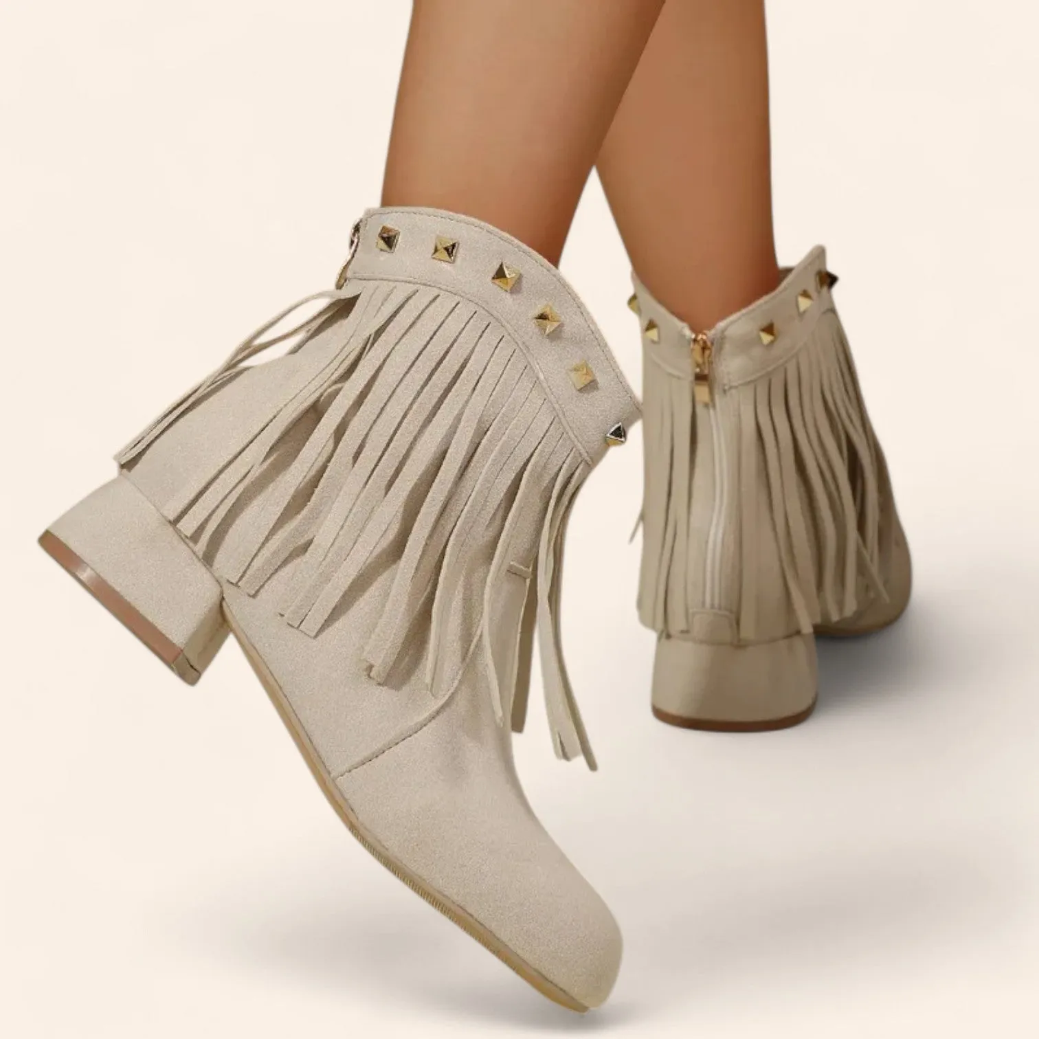Cream beige cowboy boots in suede with fringes and rhinestones - N°140