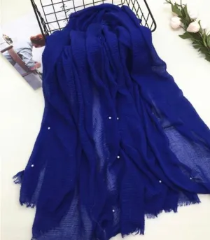 Crinkle Cotton Hijab with Pearl- Royal Blue
