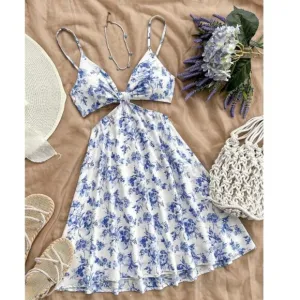 Cutout spaghetti strap v neck floral print boho mini dress white blue