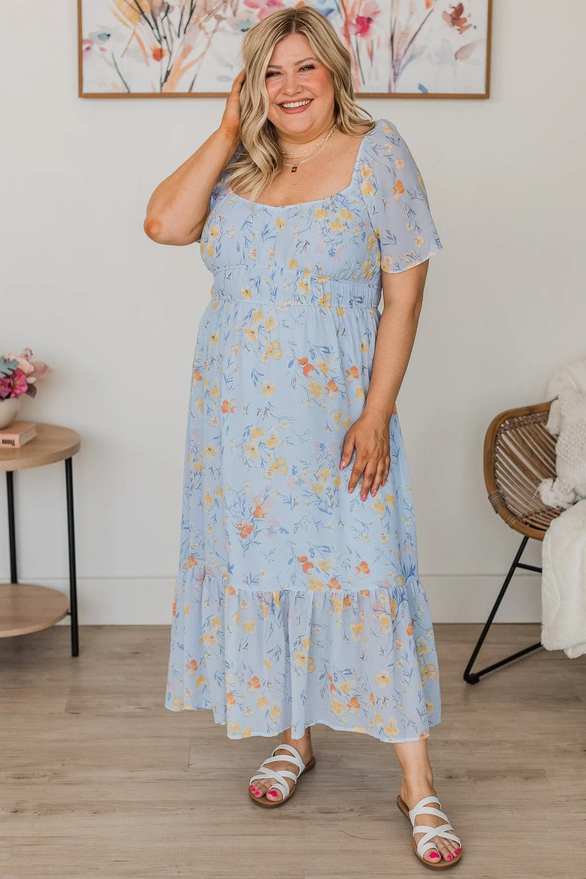 Dance It Out Floral Midi Dress- Light Blue