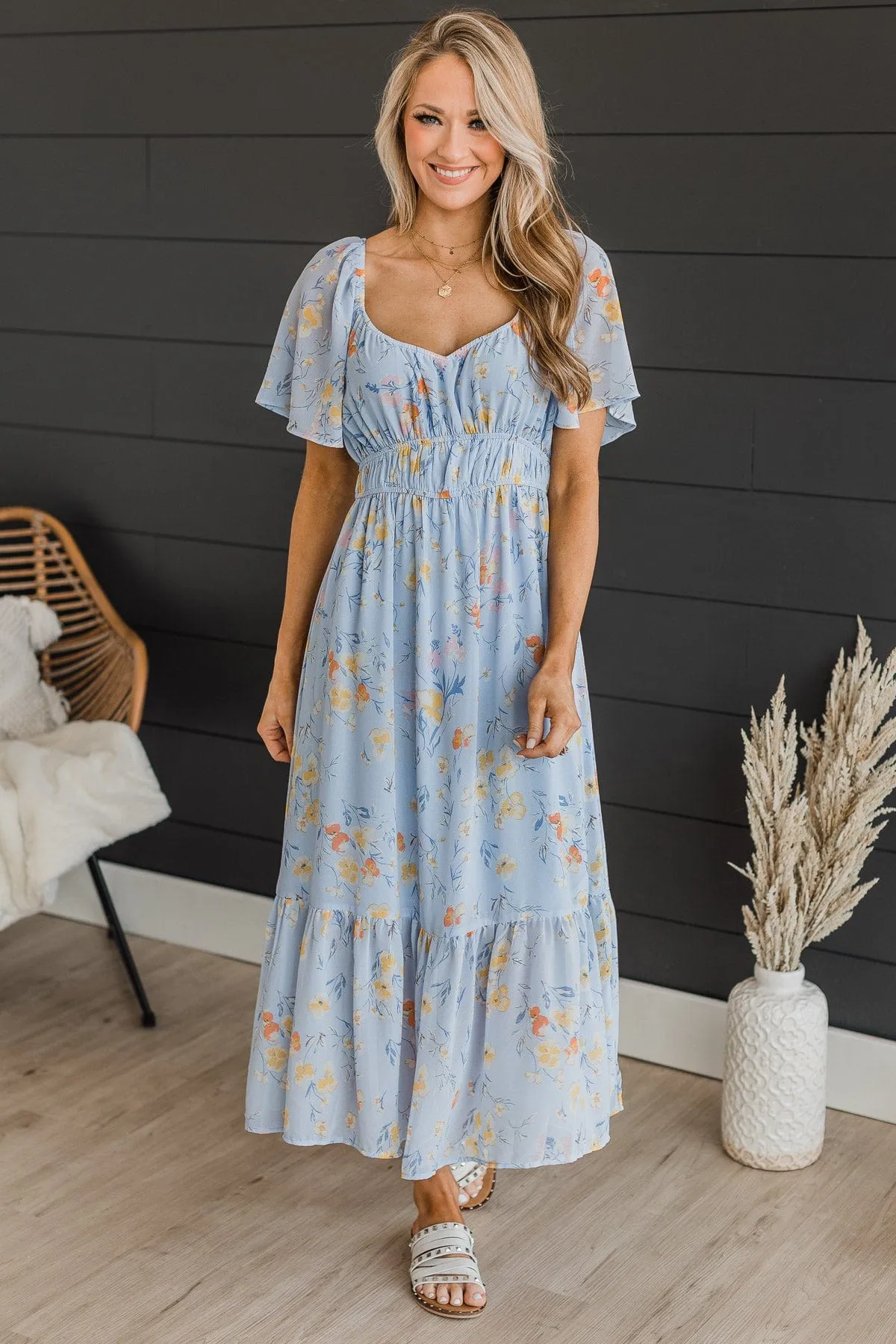 Dance It Out Floral Midi Dress- Light Blue