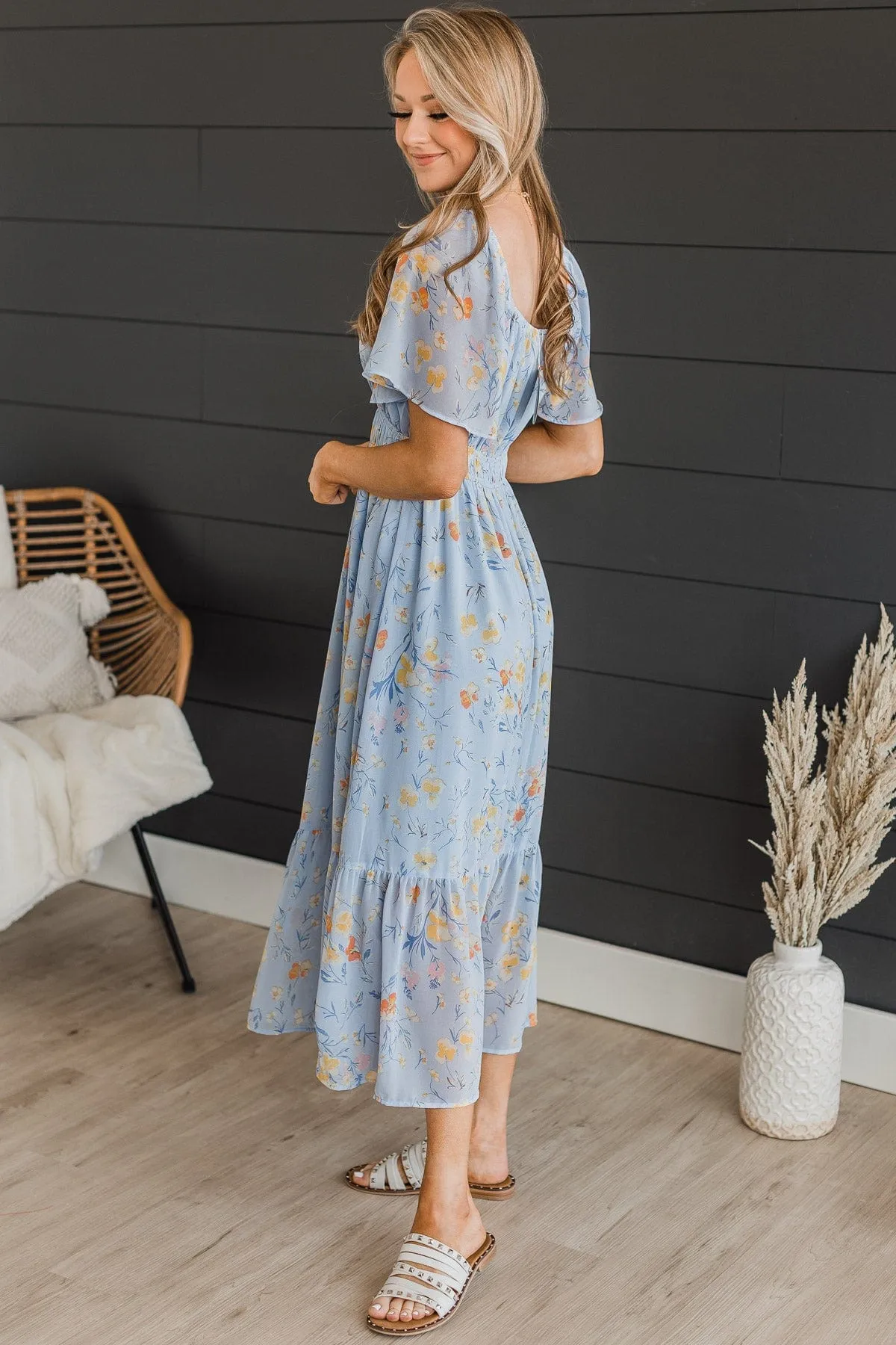 Dance It Out Floral Midi Dress- Light Blue