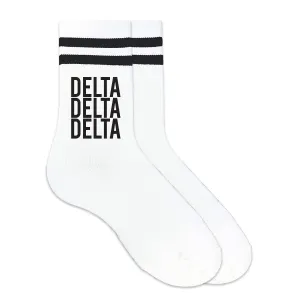 Delta Delta Delta Black Writing Striped Crew Socks