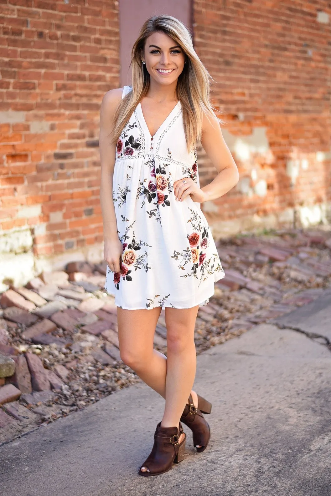 Find a Reason Floral Sleeveless Dress ~ Ivory