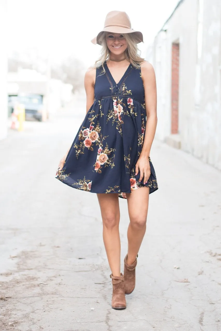 Find a Reason Floral Sleeveless Dress ~ Navy