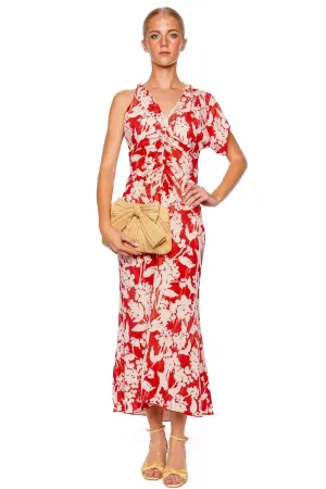 Floral Asymmetric Ruched Midi Dress