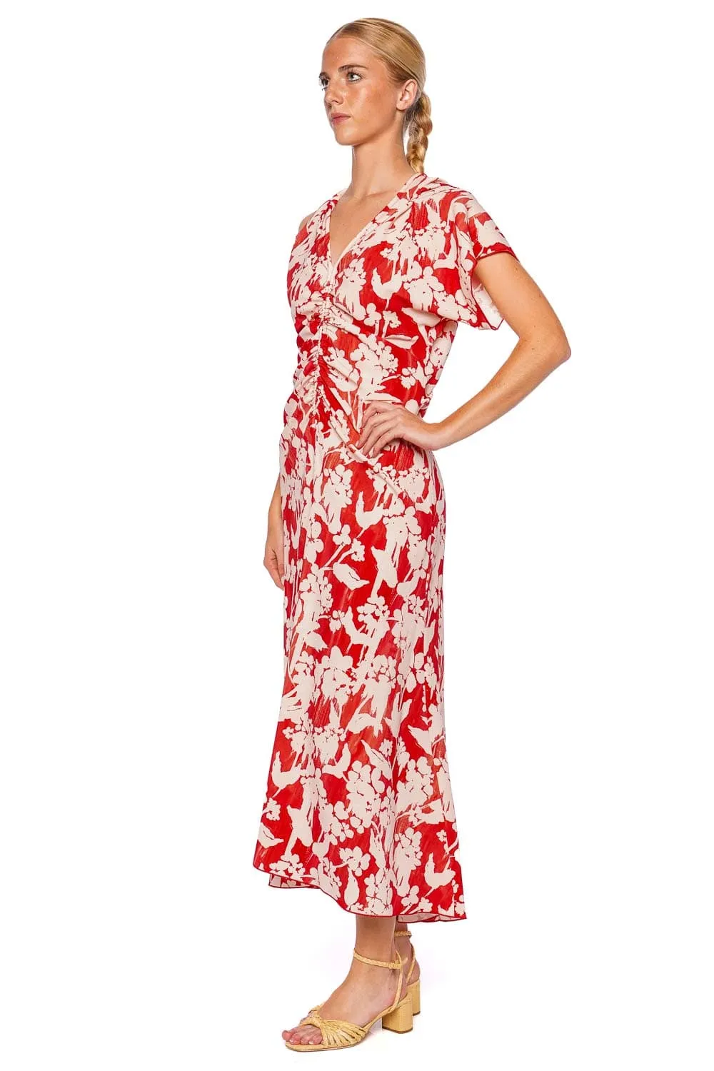 Floral Asymmetric Ruched Midi Dress