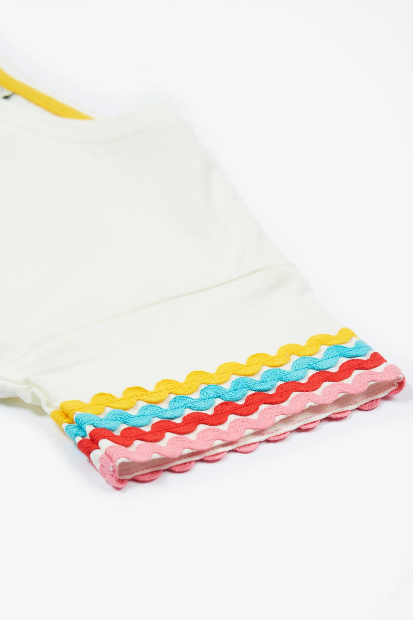 Frugi Girls Soft White and Rainbow Ric Rac T-Shirt
