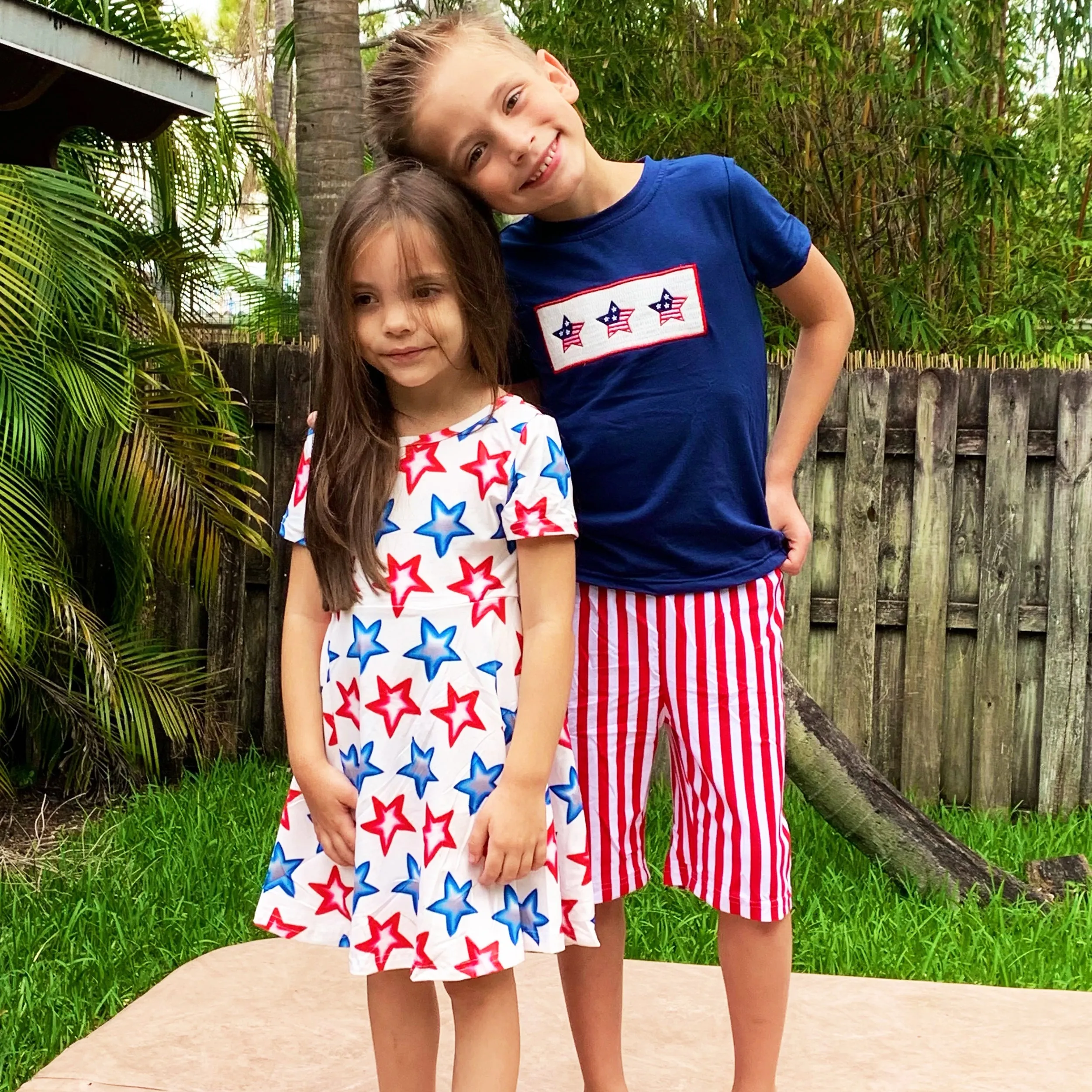 Girls 4th of July Patriotic Stars Red White & Blue Short Sleeve Swing Dress