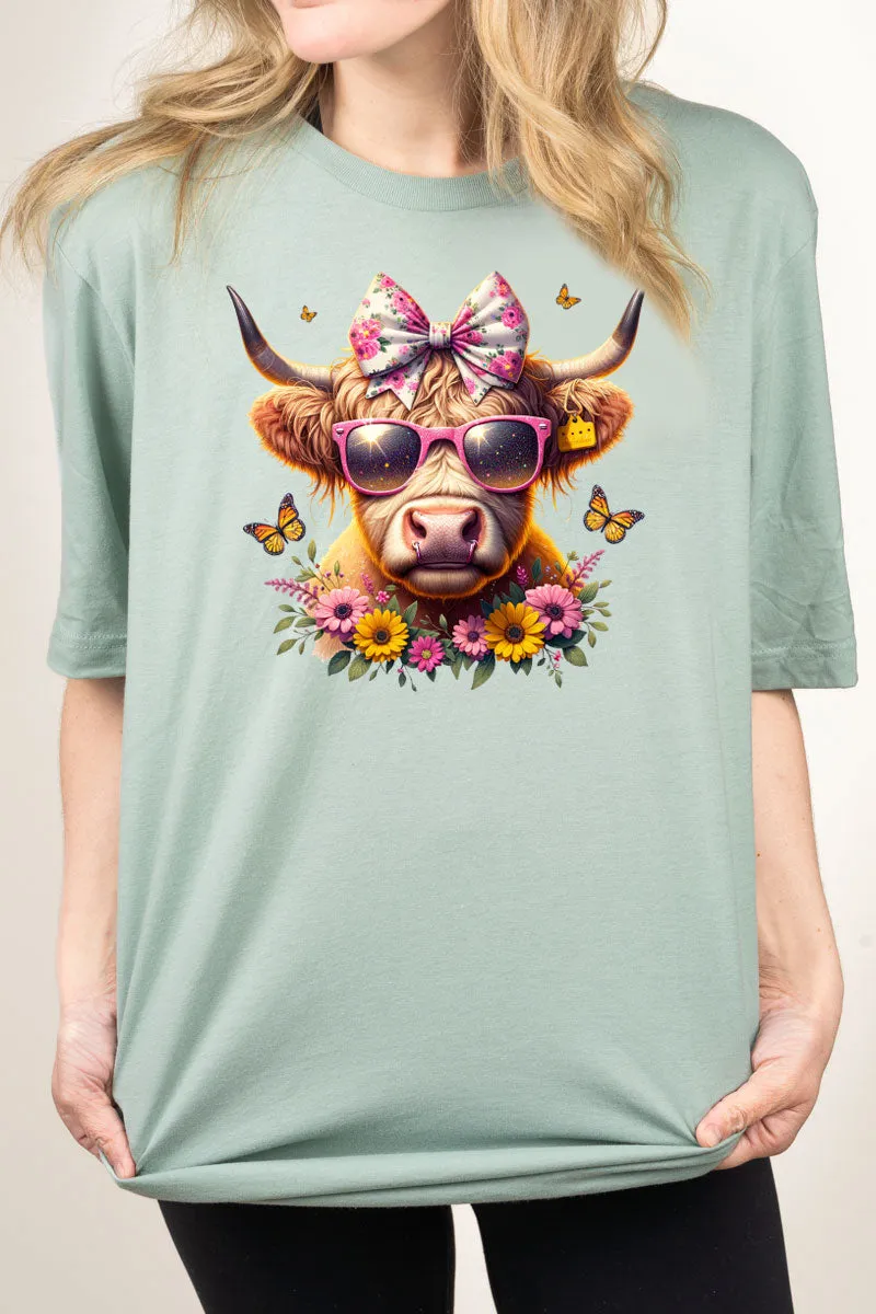 Glam Spring Highland Cow Combed Cotton T-Shirt