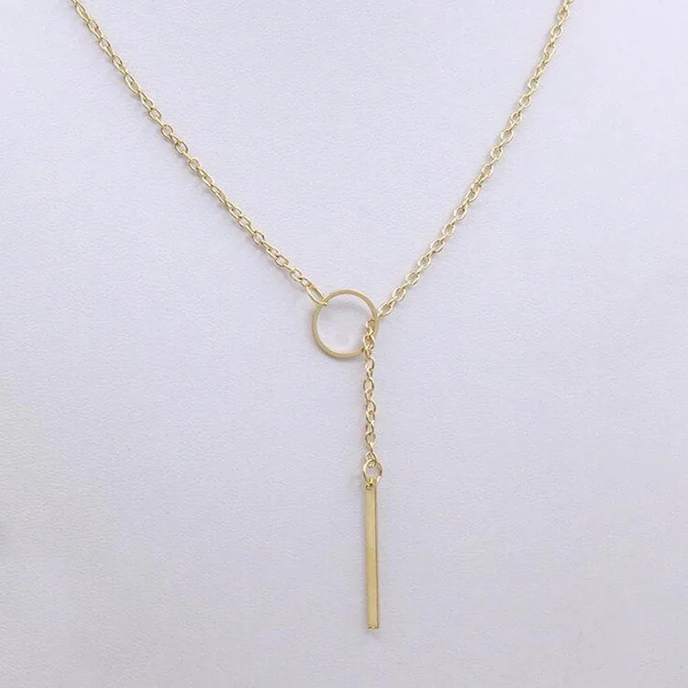 Gold Plated Line And Circle Y Shaped Necklace