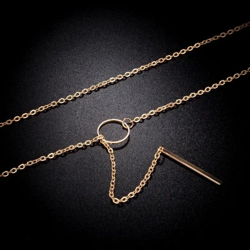 Gold Plated Line And Circle Y Shaped Necklace