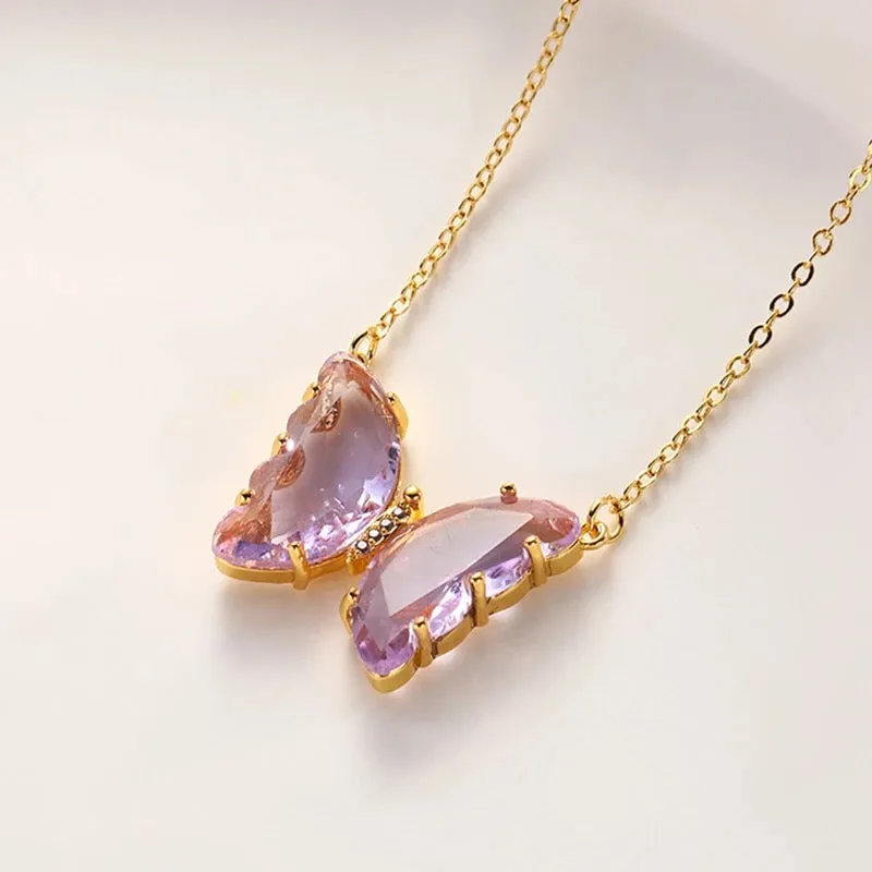 Gold Plated Purple Crystal Butterfly Pendant