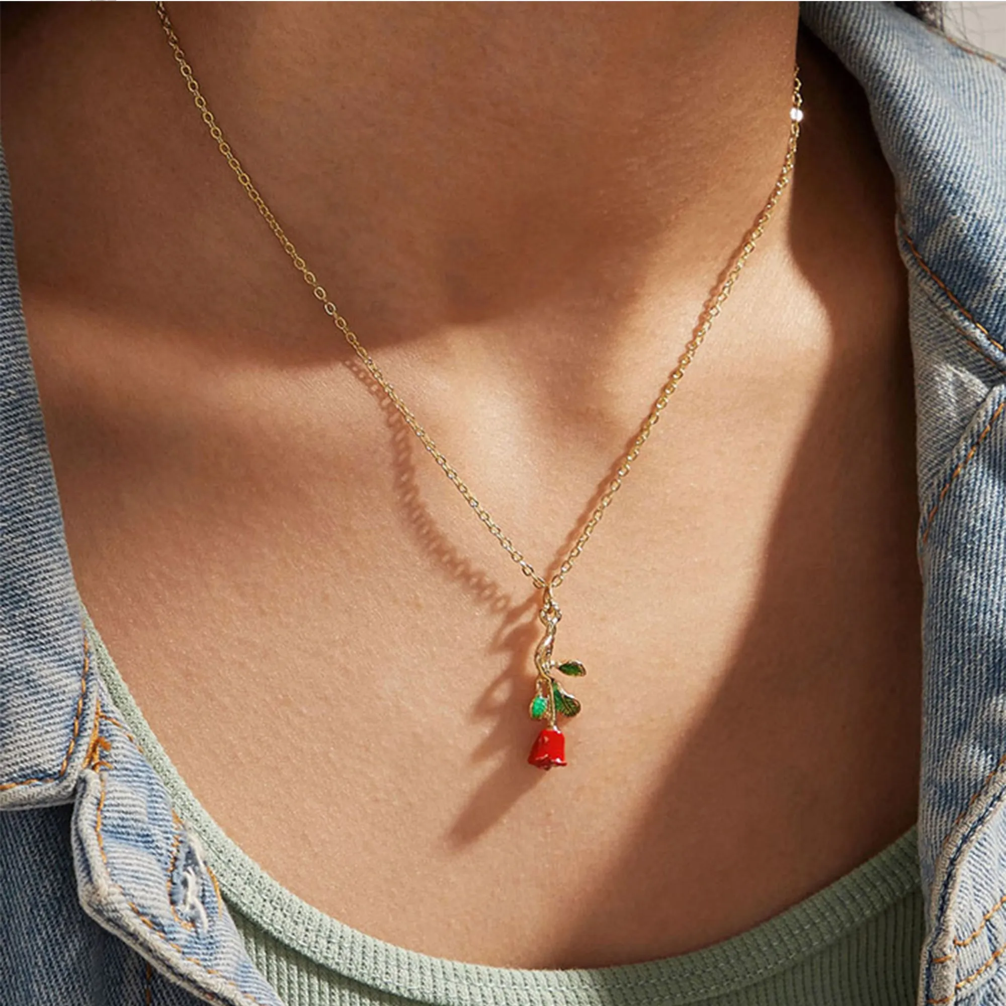 Gold Plated Red Rose Pendant