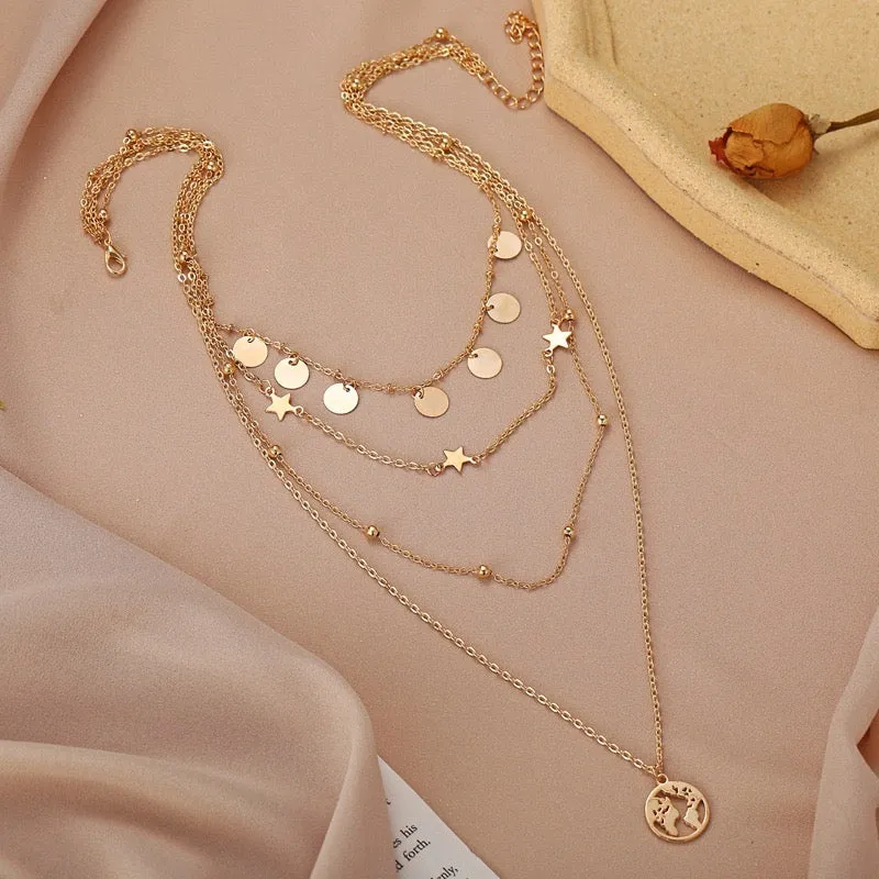Golden Multi Layered Star And World Necklace