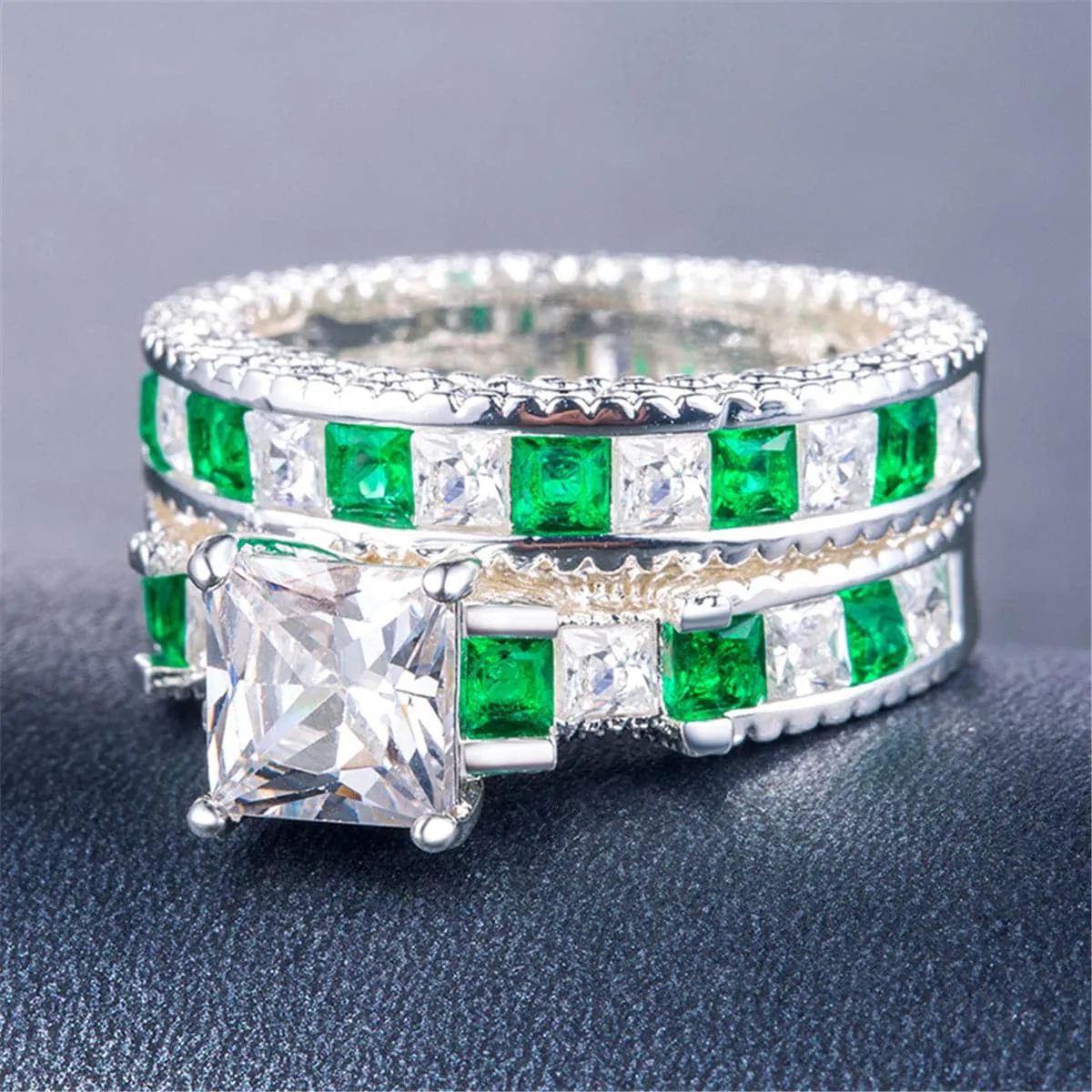 Green & White Crystal & Silver-Plated Band & Ring