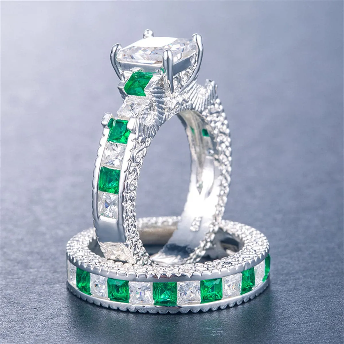 Green & White Crystal & Silver-Plated Band & Ring