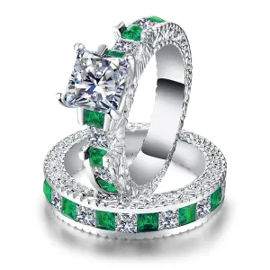 Green & White Crystal & Silver-Plated Band & Ring