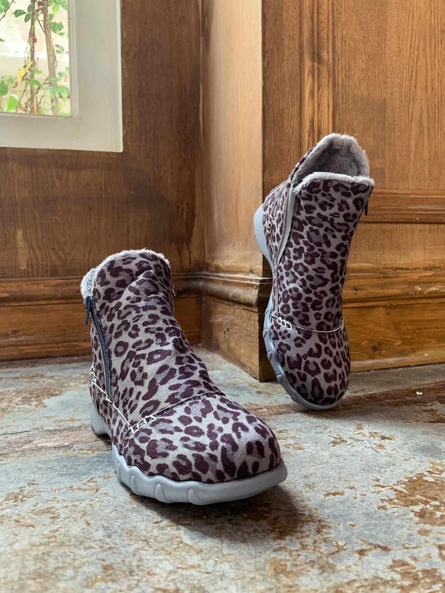 Grey Leopard Plush-Lined Low Ankle Boot